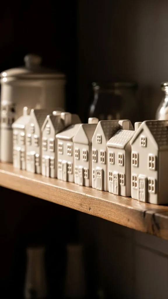 Tiny Ceramic Houses on a Shelf