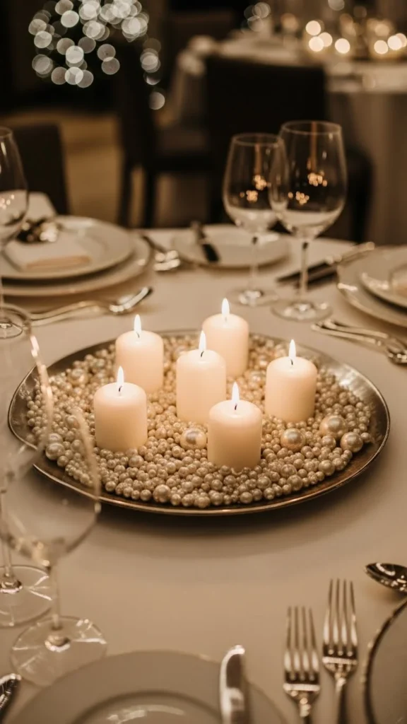 Tray of Faux Pearls and Candles