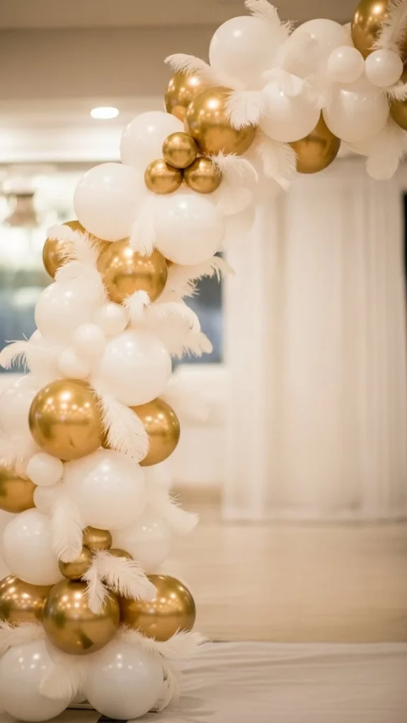 White & Gold Feather-Accent Arch