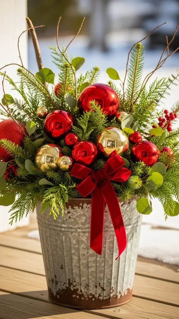 Winter Bucket Centerpiece on the Porch