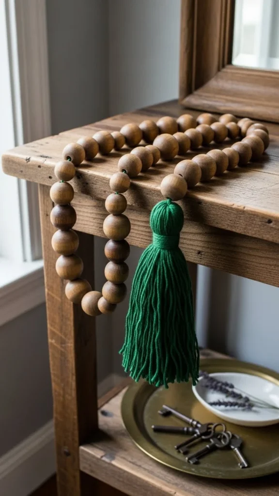 Wooden Bead Garland With Green Tassel