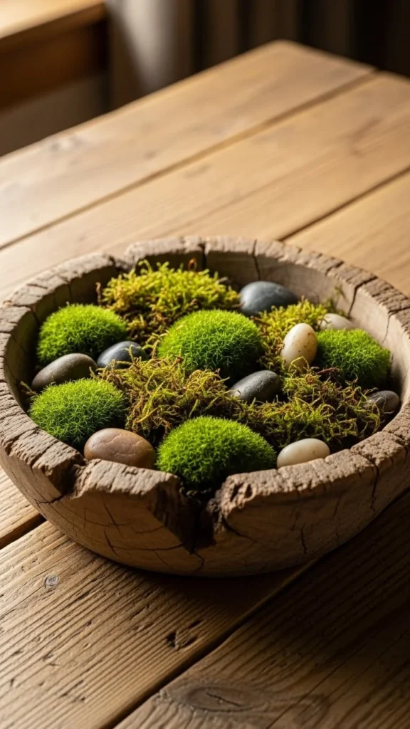 Wooden Bowl With Moss Accents