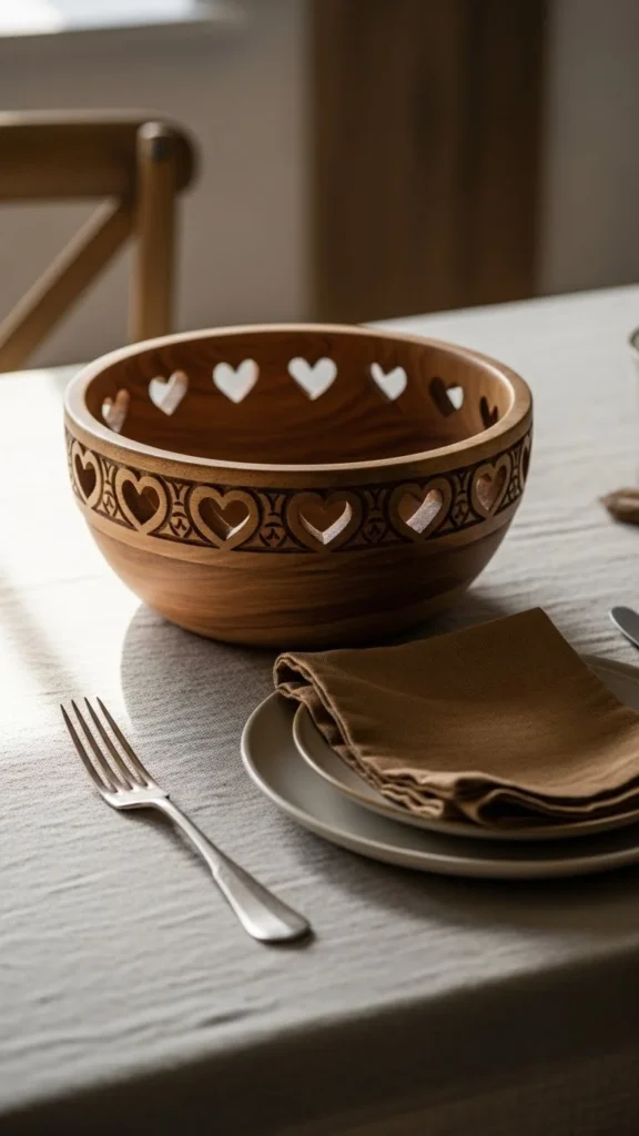 Wooden Bowl with Carved Heart Details