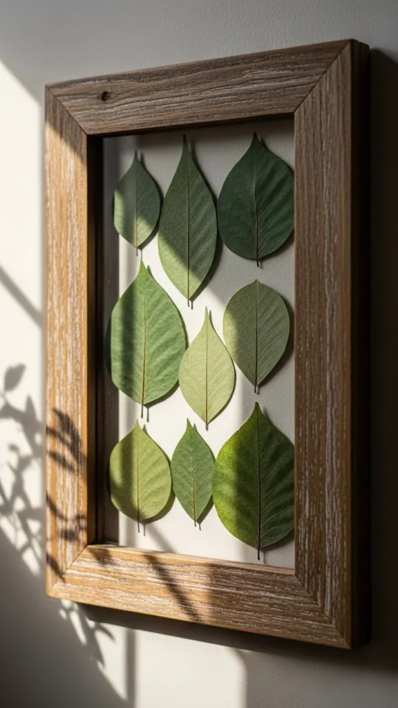 Wooden Frame With Pressed Green Leaves