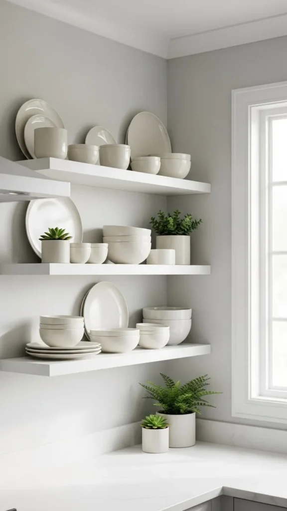 how to decorate open kitchen shelves