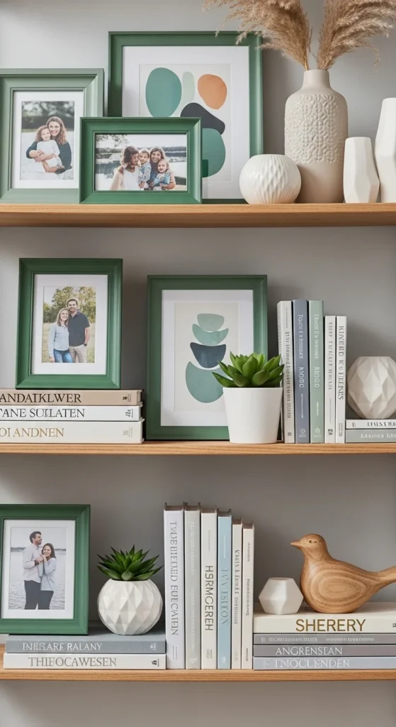 Bookshelf Styling with Green Frames
