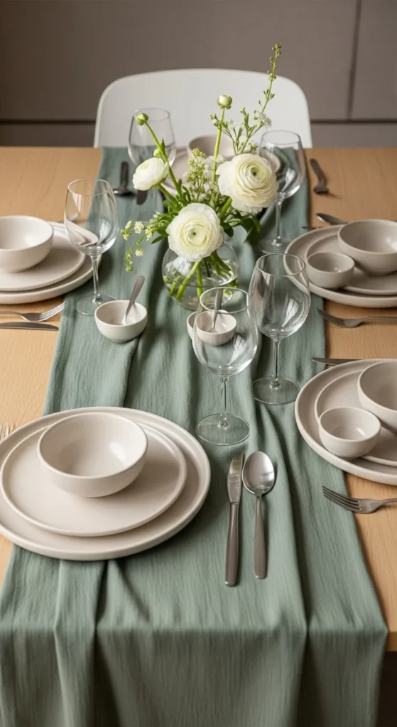 Dining Table Runner in Soft Green Fabric