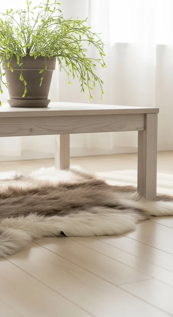 Faux Animal Hide Rug Under the Coffee Table