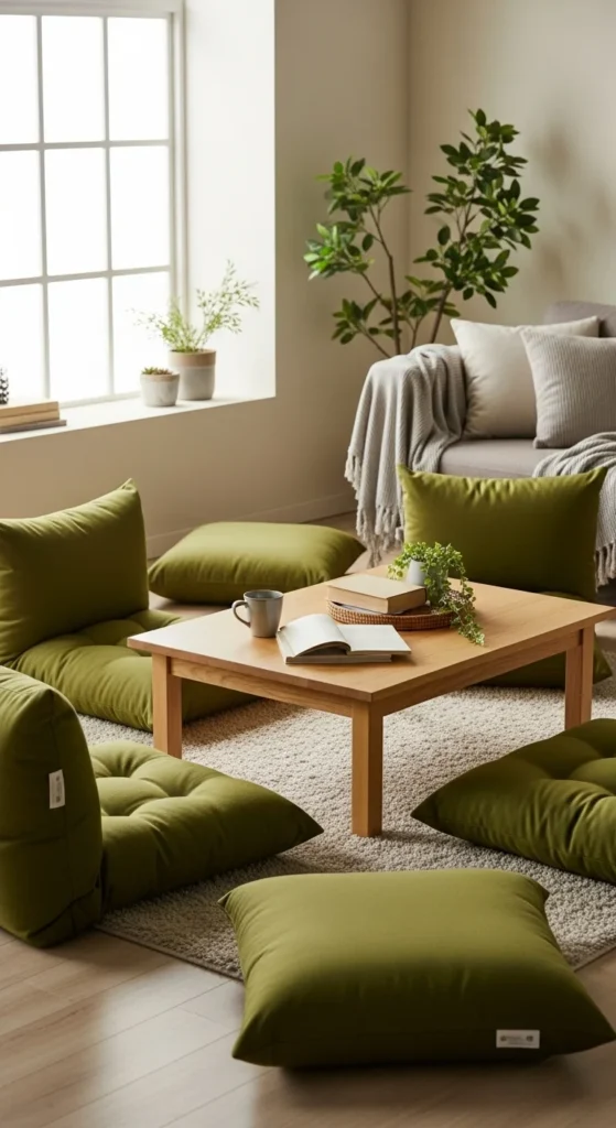 Floor Cushions in Green Textiles