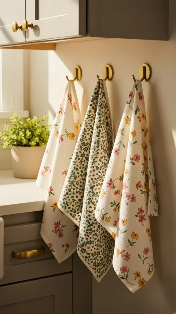 Floral Dish Towels on Open Hooks