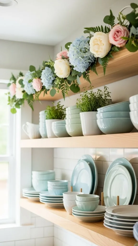 Floral Garland on Open Shelves