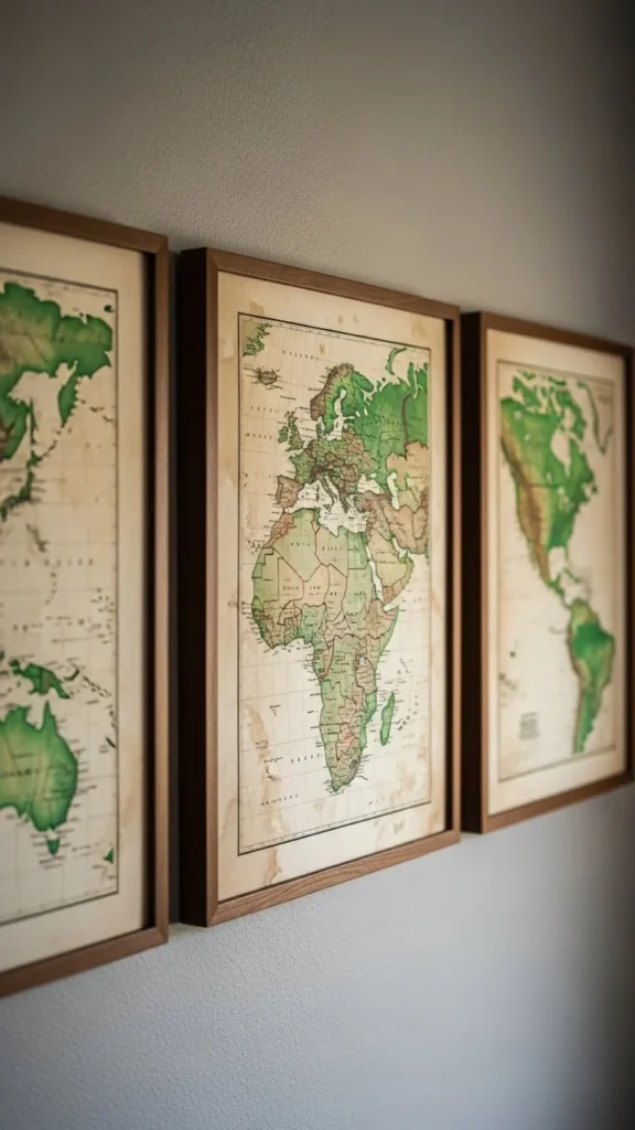 Framed Vintage-Style Maps in Green Tones