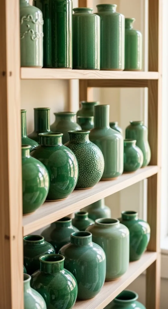 Green Ceramic Vases on Shelves