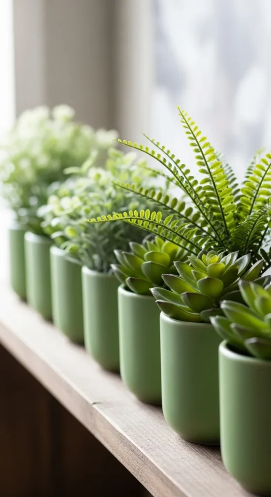 Green Planters with Faux Plants