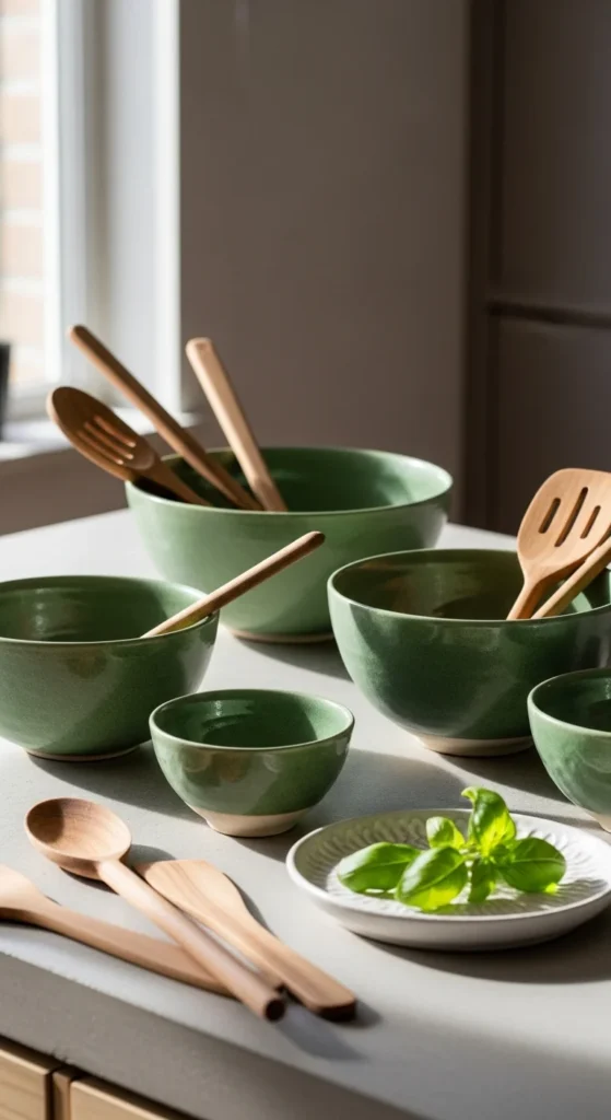 Kitchen Counter Decor with Green Ceramics