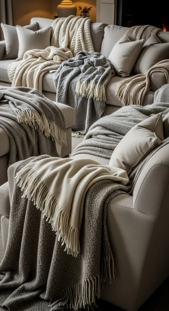 Layered Throw Blankets on Seating