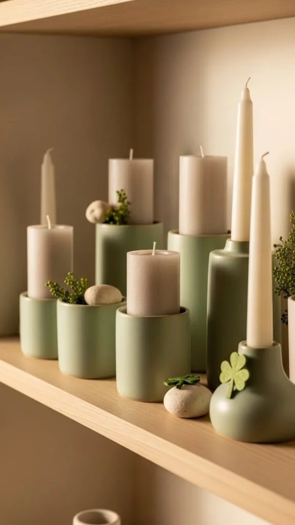 Neutral Candles With Green Holders