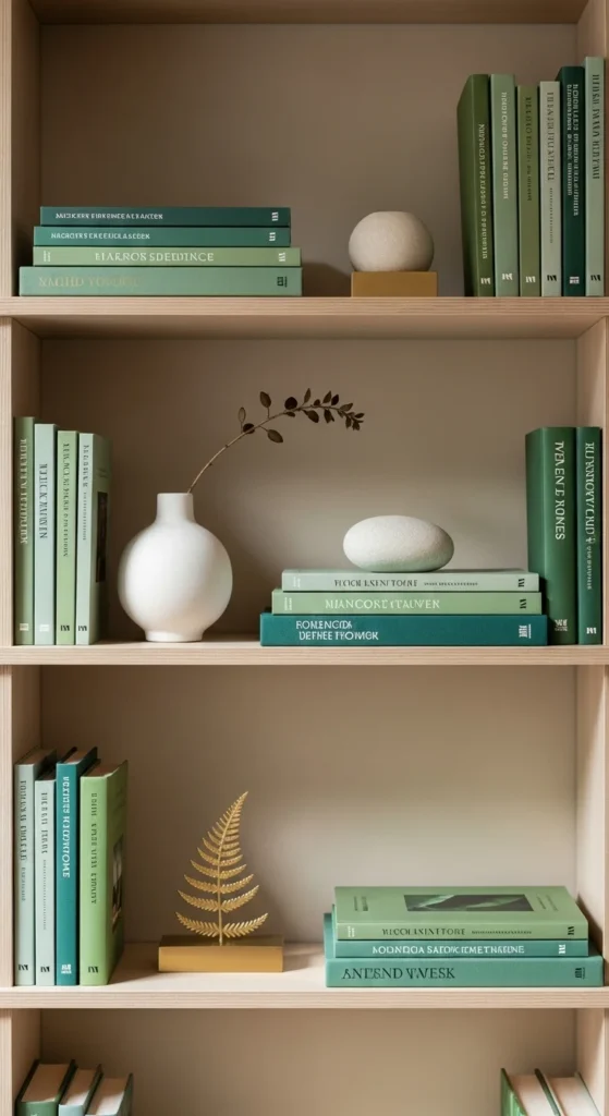 Shelf Styling with Green Books and Objects