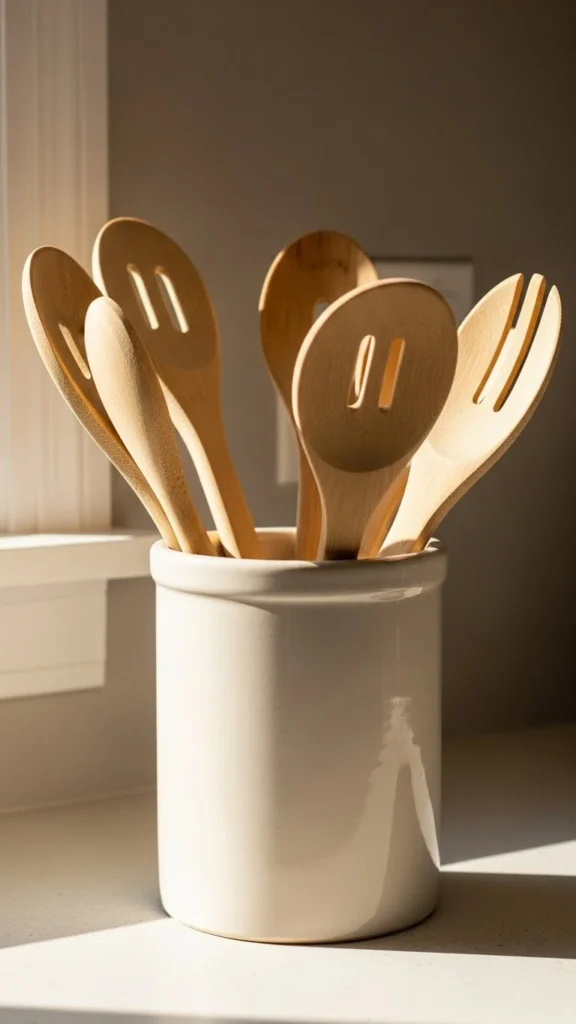 Simple Wooden Utensils in a Crock