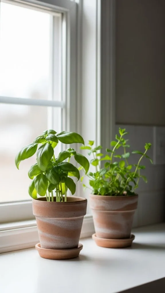 Small Potted Herbs Near the Window