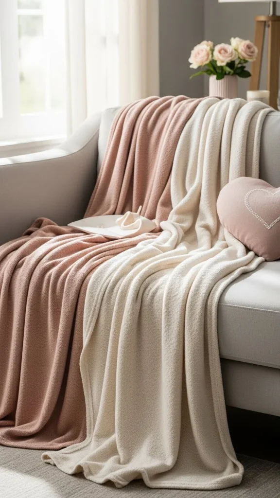 Soft Blush Throw Blankets on the Sofa