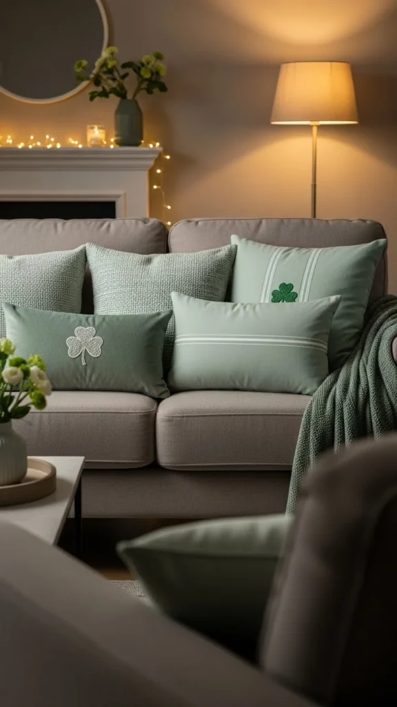 Soft Green Throw Pillows on Neutral Sofas