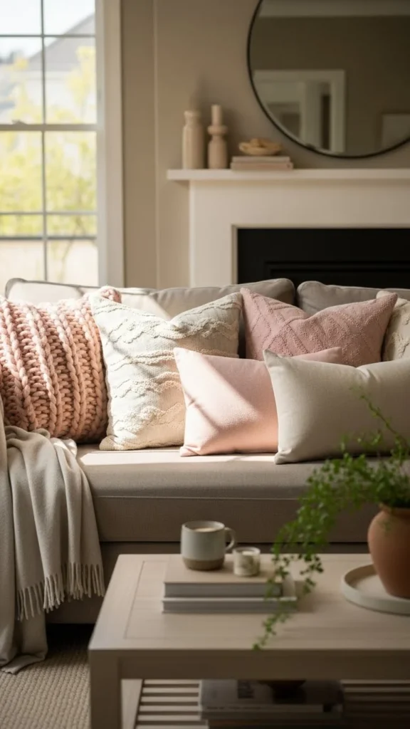 Soft Pink Throw Pillows on the Sofa