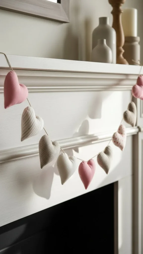 Subtle Valentine Garland with Fabric Hearts