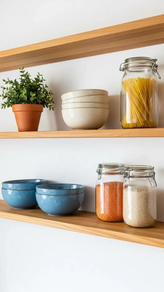 Use Wooden Open Shelving for Warmth and Style