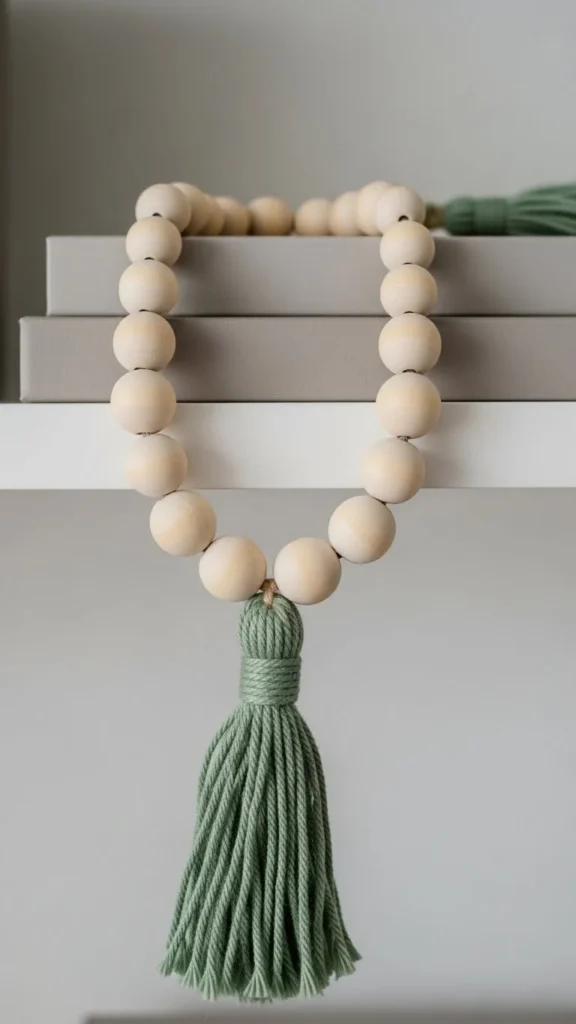 Wooden Beads With Subtle Green Tassels